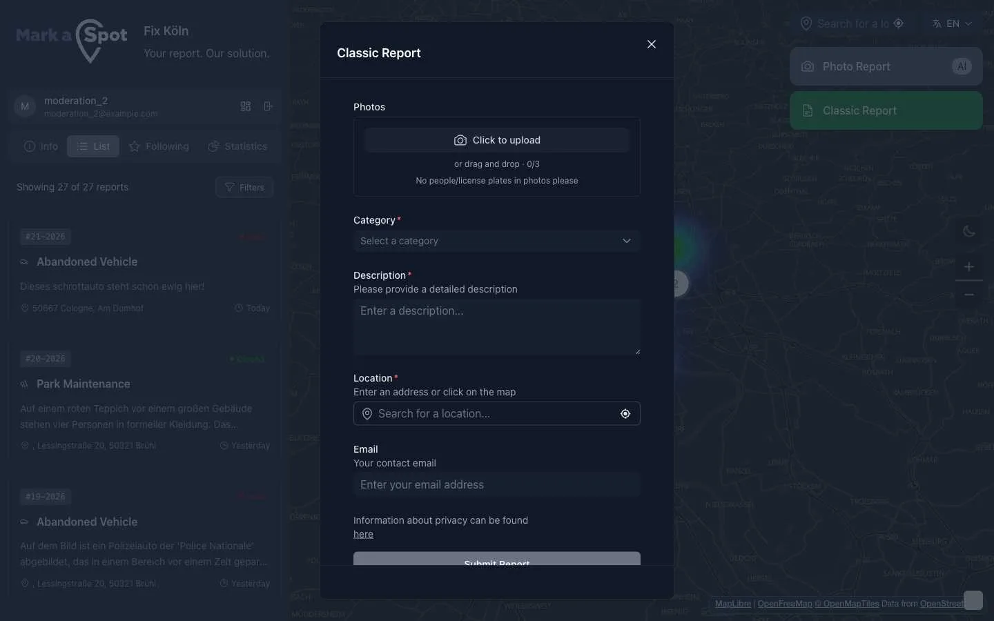 Mängelmelder Formular mit KI-gestützter Bildanalyse