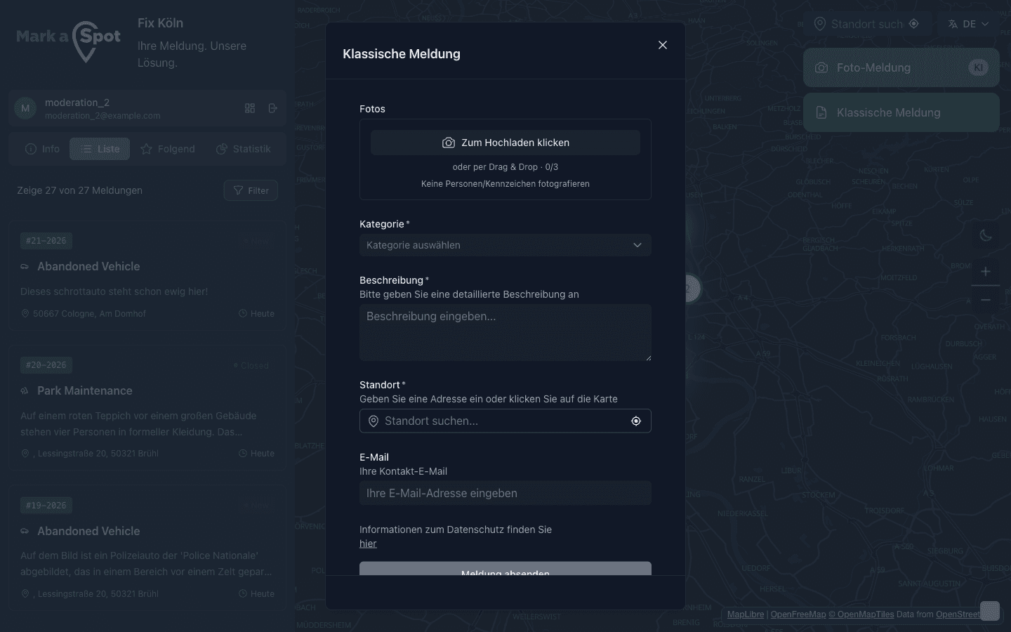 Mängelmelder Formular mit KI-gestützter Bildanalyse