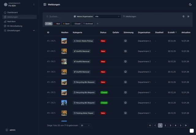 Mark-a-Spot Backend: Meldungs-Liste mit Filter nach Einrichtung, Status und Bearbeitungsstand